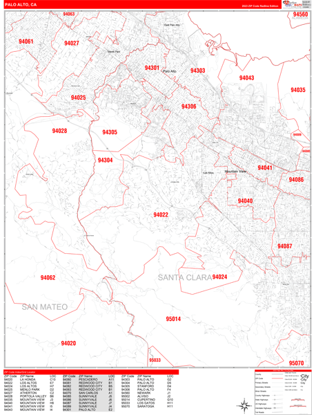 Palo Alto City Digital Map Red Line Style